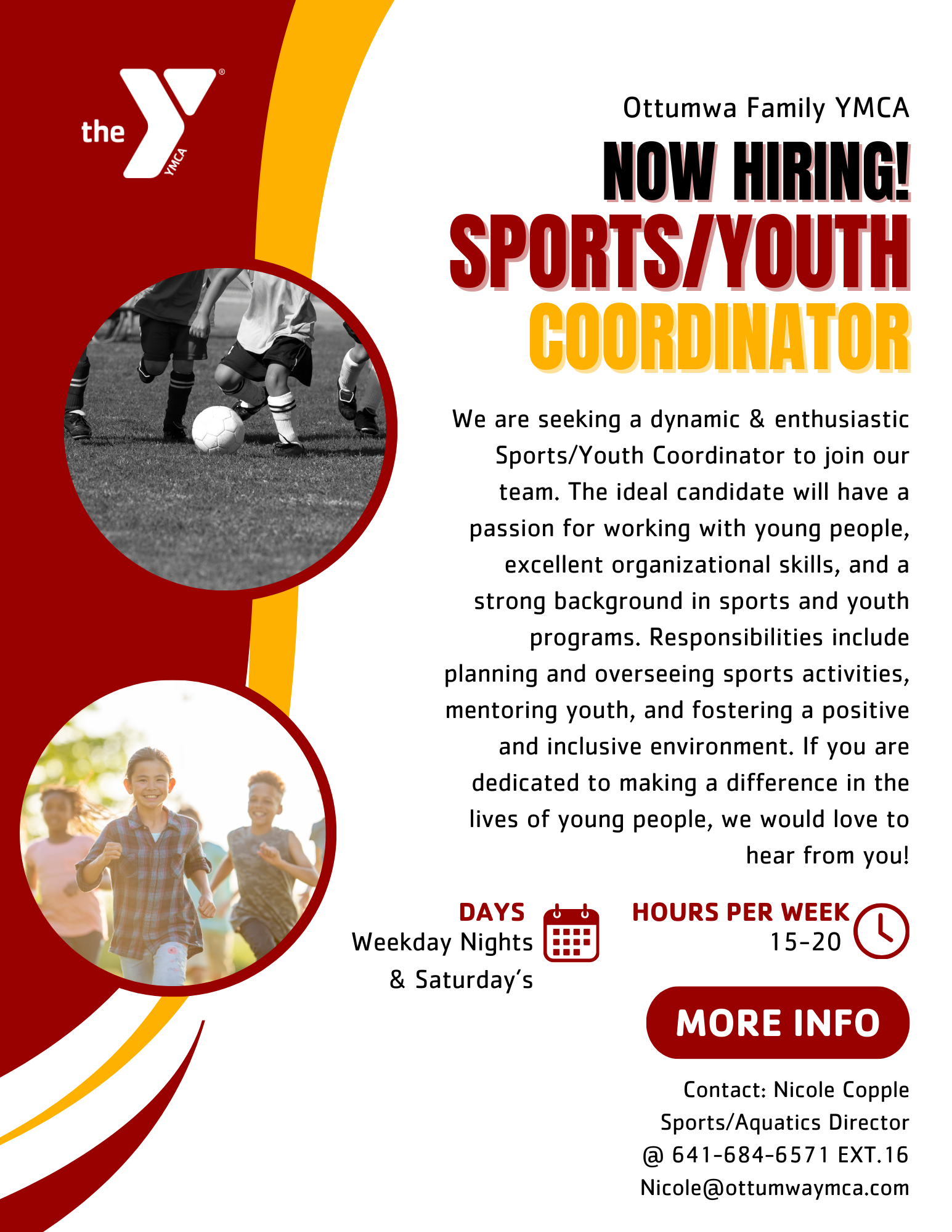 Hiring Sports Coordinator, Call 641-684-6571 EX 16 for details.